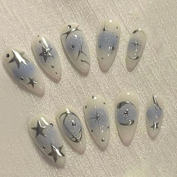 Y2k Nail Set with Sliver Motifs | Y2k-Inspired Press On Nails| Sliver and White Blue with Unique Star Designs | Gift For Her | J26