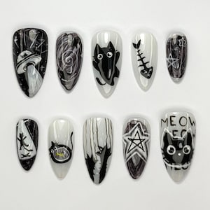 Alien Cat-Themed Press-On Nails | Cute Creepy Goth Nail Art | Cat Alien Aesthetic | Black Cat & Star Nail Set | Horror Nails | JB736HC