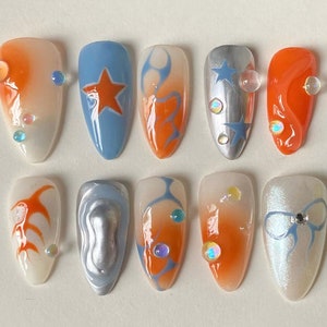 Elegant Orange Press On Nails | Y2k-Inspired Press On Nails| Orange and Blue with Unique Chrome Designs | Gift For Her | JC27S