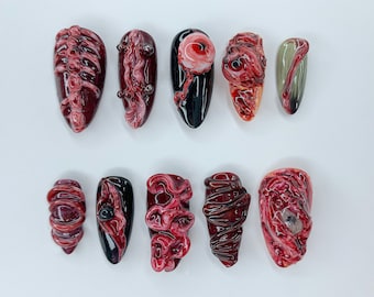 Spooky Halloween Press On Nails | Black & Red Gothic Almond Nails | Bloody 3D Gel Nail Art | Horror Handmade Mysterious Fake Nails | JB488SC