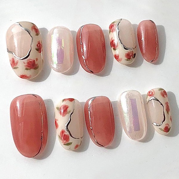 Light Pink Acrylic Press On Nails with Silver Cherry Blossom Design, Elegant Nail Art | Unique Handpainted Press On Nails | Fake Nails| J209