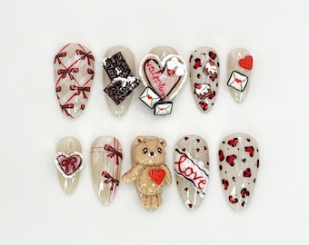Presse 3D Teddy Valentine |  Ours en peluche mignon et conception de coeurs | Ensemble d'ongles 3D fait main | Décoration d'ongles 3D pour la Saint-Valentin | JB632HC