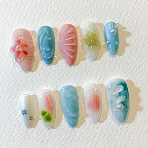 Handcrafted 3D Nail Art | Pretty Press On Nails | Elegant Floral and Marble Designs | Gel Nail Extensions | Unique Fashion Accessory |JC184S