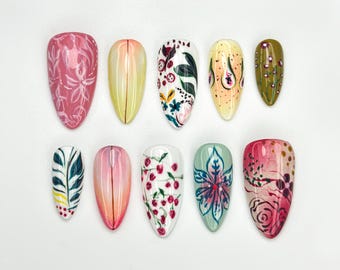Botanical Garden Bloom Press On Nails | Handpainted Floral Art Nails | Leafy Nails | Summer Nature Nails | Cottagecore Nail Set | JB914HC