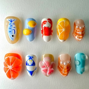 Summer Vibes Press On Nails | Ocean nails | Fake nails | seashell jewelry nail art | Ocean-Inspired Press on nails | Summer nails | JB425T