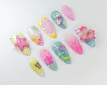 ハンドメイド プレスオンネイル カラフル トロピカルな夏のプレスオンネイル | 明るいピンクと黄色のネイル