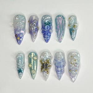 3D Tropical Beach Long Stiletto Nails | Ocean-Themed with Seaweed, Seashells, and Starfish | Handmade Press On Nails | JB328SL