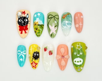 Studio Ghibli-inspirierte Nagelkunst | Totoro und Kiki Nail Art | Kawaii Anime 3D Design | Skurril Anime & Natur Nail Art | JB543HK