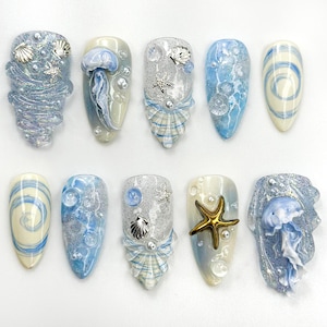 Ocean Dream Jellyfish Press On Nails | Blue Sea Fantasy Nail Art Set | 3D Shell & Starfish Nails | Handmade Oceanic Nail Design | JB782HC