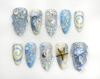 Ocean Dream Jellyfish Press On Nails | Blue Sea Fantasy Nail Art Set | 3D Shell & Starfish Nails | Handmade Oceanic Nail Design | JB782HC