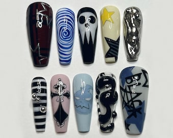 Festive Halloween Press On Nails| Reflective Chrome Press On Nails| Abstract Festive Nail Art| Chrome Nails | JC60S
