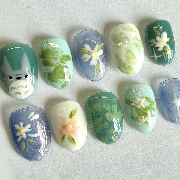 Jelly Ghibli Press On Nails | Free Style Handpainted Cartoon in Fake/False Nails | Anime Nails Art| Fairycore, Fairy Tale Garden Nails| J152