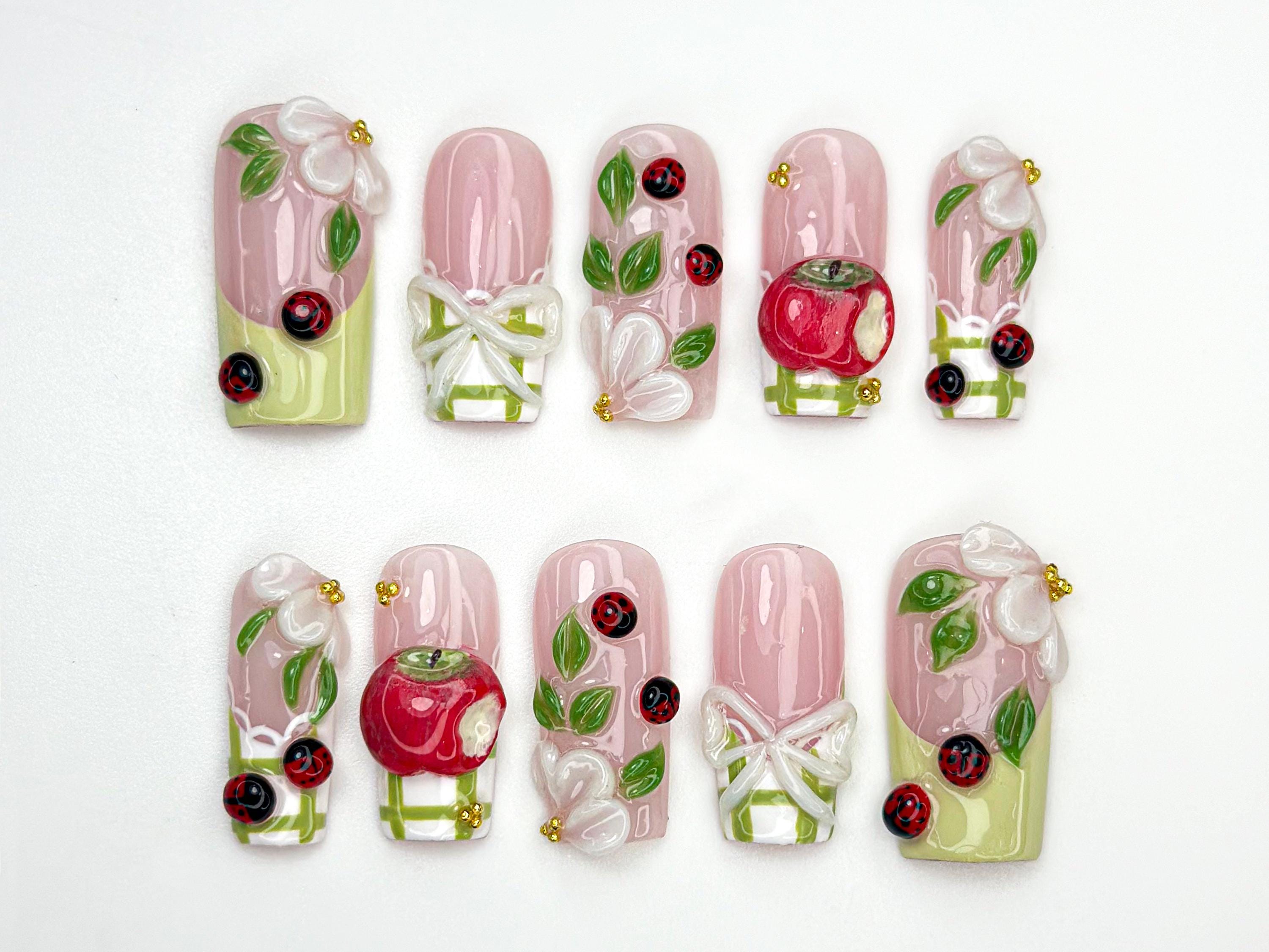 Handmade Picnic Theme Press On Nails | 3D Flower & Ladybug Nails | Cottagecore Nail Set | Pink Green Nature Nails | Handmade Nails | JB859HC