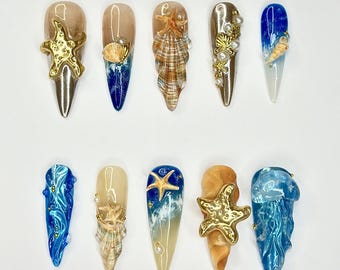 Uñas postizas con diseño de estrellas de mar y medusas en 3D / Oro, plata, cromo metálico / Ondas playeras azules / Arte veraniego Coquette Pearl / JB391DK