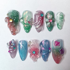 3D Dry Orchard Flower Press On Nail | Almond Nails | Custom Handpainted Acrylic Spring Fake/False Nail, Floral Nails | Dreamy Nails |JB254SC