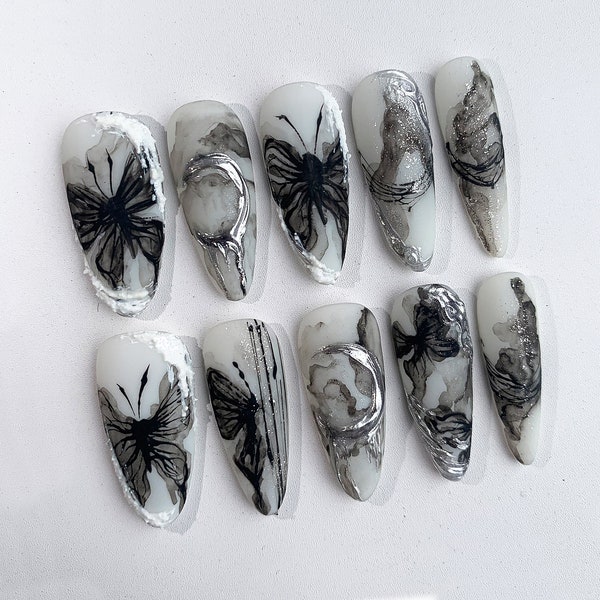 Butterfly Rough Press On Nails | 3D Custom Handpainted Black Designs in Fake Nails | Antique China Painting Book Vibe | Absract Nails | J109