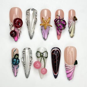 3D Cherry Bomb Drücken Sie auf die Nägel | Cherry & Star Akzent Nägel | Mixed Metal Gothic Nagelkunst | Handgemachte Y2K Press-Ons | JB952HK