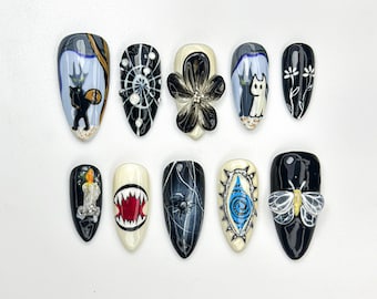 Unhas postiças assustadoras e fofas | Design de gato preto, fantasma e olho grego | Arte de unha assustadora e fofa | Conjunto de unhas de terror e bruxa | Unhas góticas | JB879HC