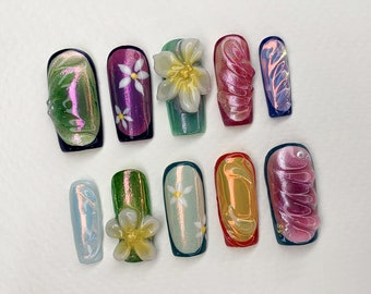 3D Flower Coffin Press On Nails | Colorful Ombre Nail Art | Floral Handmade Gel Fake Nails for Birthday Event Party | Spring Nails | JC433AV