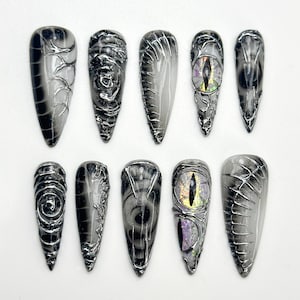 Dragon Gothic Press On Nails | Black 3D Nail Art | Dark Mystic Scale Nails | Handmade Dragon Claw Press Ons | Unique Fantasy Nails | JB801HC