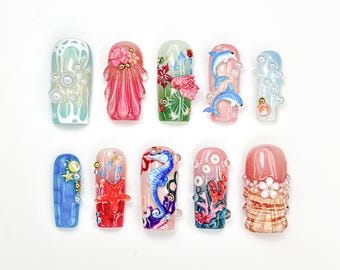 Summer Press On Nails with 3D Seashells and Pearls | Mermaid Dolphin Coral Shell Design | Summer Beach Vibe Nails | Sea Life Nails | JB923HC