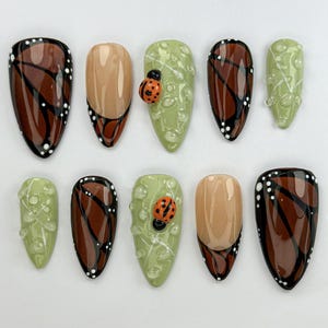 Monarch in Bloom Press On Nails | Butterfly & Bug Inspired Press Ons | Green And  Brown Nail Art | Spring Nature Press On Nails | JB741HK