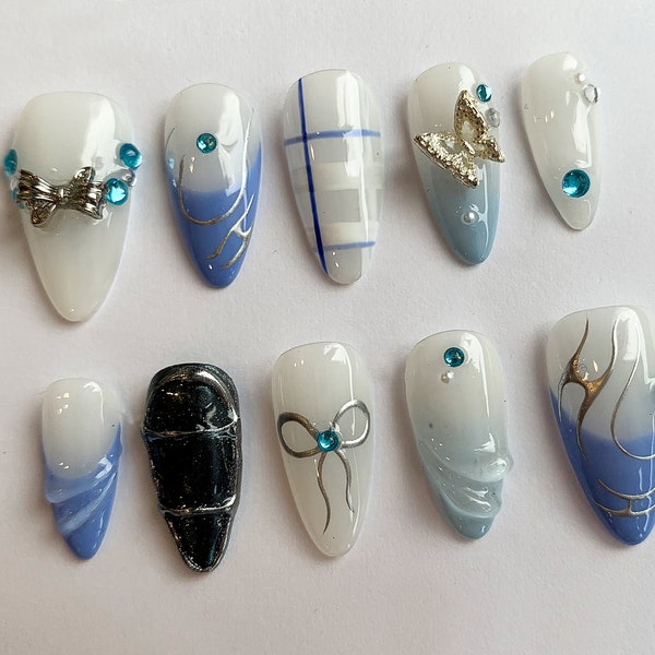 Y2K Blue Press On Nails | Adorable, Cute Butterfly in Fake Nails | Gel x Nails | Unique Trendy Nail Set | Handmade Almond Nails | J246