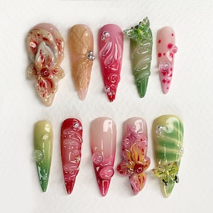 Secret Garden Long Almond Flowers Press On Nails | Dreamy Fairy Tale Inspired Fake Nails | Handmade Floral Nail Art | Gift for Her | JC435AV