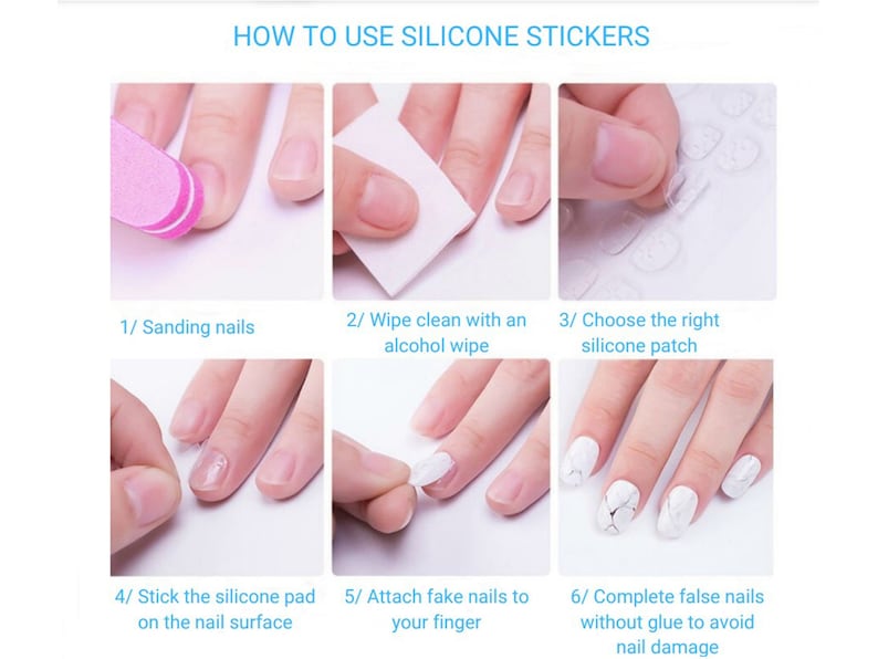 May include: A step-by-step guide on how to use silicone stickers for applying false nails. The guide shows a hand using a nail file, an alcohol wipe, a silicone sticker, and then applying a fake nail.