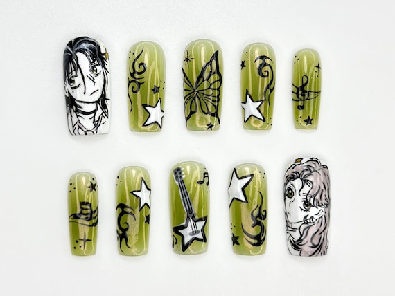 Green Yuri Inspired Press On Nails | Anime Gothic Star Nails | Manga Music Vibes Nail Art | Handpainted Otaku Press Ons | JB819HC