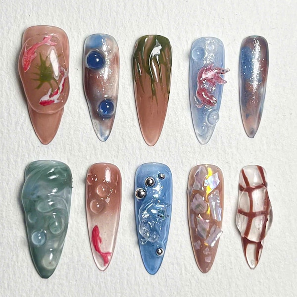 Ocean-Inspired Press On Nails | 3D Oceanic Nail Set| Trendy Mermaid On Fake Nails |Fish Handpainted Y2k-inspired Nail Art | JC268S