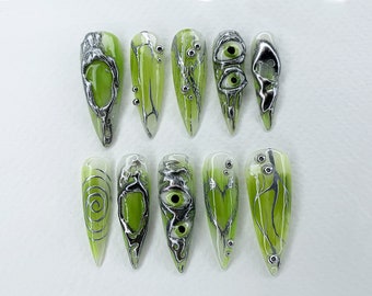 Cool Gothic Press On Nails | Chic Punk Emo Neon Colour Almond Nails | 3D Gel Nail with Eye Motif | Handpainted Mysterious Halloween | JB408A