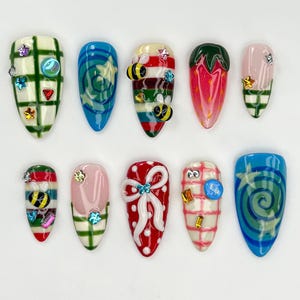 Cute Bee Strawberry Press On Nails | Colorful Plaid Nail Art | Fun Festival Nails | Whimsical Summer Press Ons | Summer 3D Nails | JC829HC