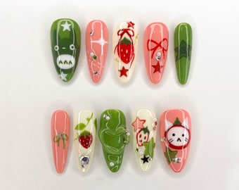 Ghibli Long Almond Press On Nails | Free Style Handpainted Cartoon in Fake Nails | Anime Nails Art | Miffy Nails | Abstract Nails| JC284S