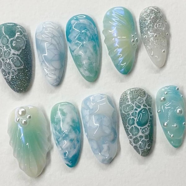 Free Style Blue Mermaid Almond Press On Nails | Handpainted Fake/False Nails | Prom,Event,Birthday Nails | Goth,Gothic,Y2K,Aura Nail | J218