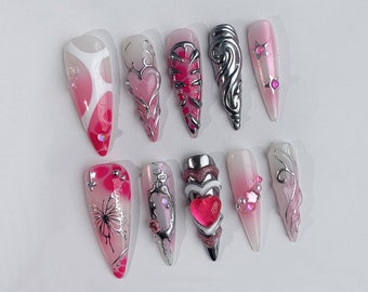 Y2K-inspired Press On Nails | 3D Pink Heart Chrome Cute Valentine Fake Nails | Acrylic Heart and Butterfly Nails Art | 3D GelxNail | J106