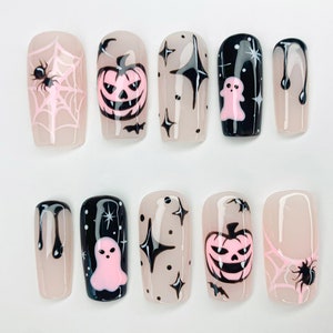 Pastel Pink Halloween Press On Nails | Ghosts, Pumpkins & Bats Design | Scary Chic | Long Coffin Style | Spider Web Nail Design | JC481SC