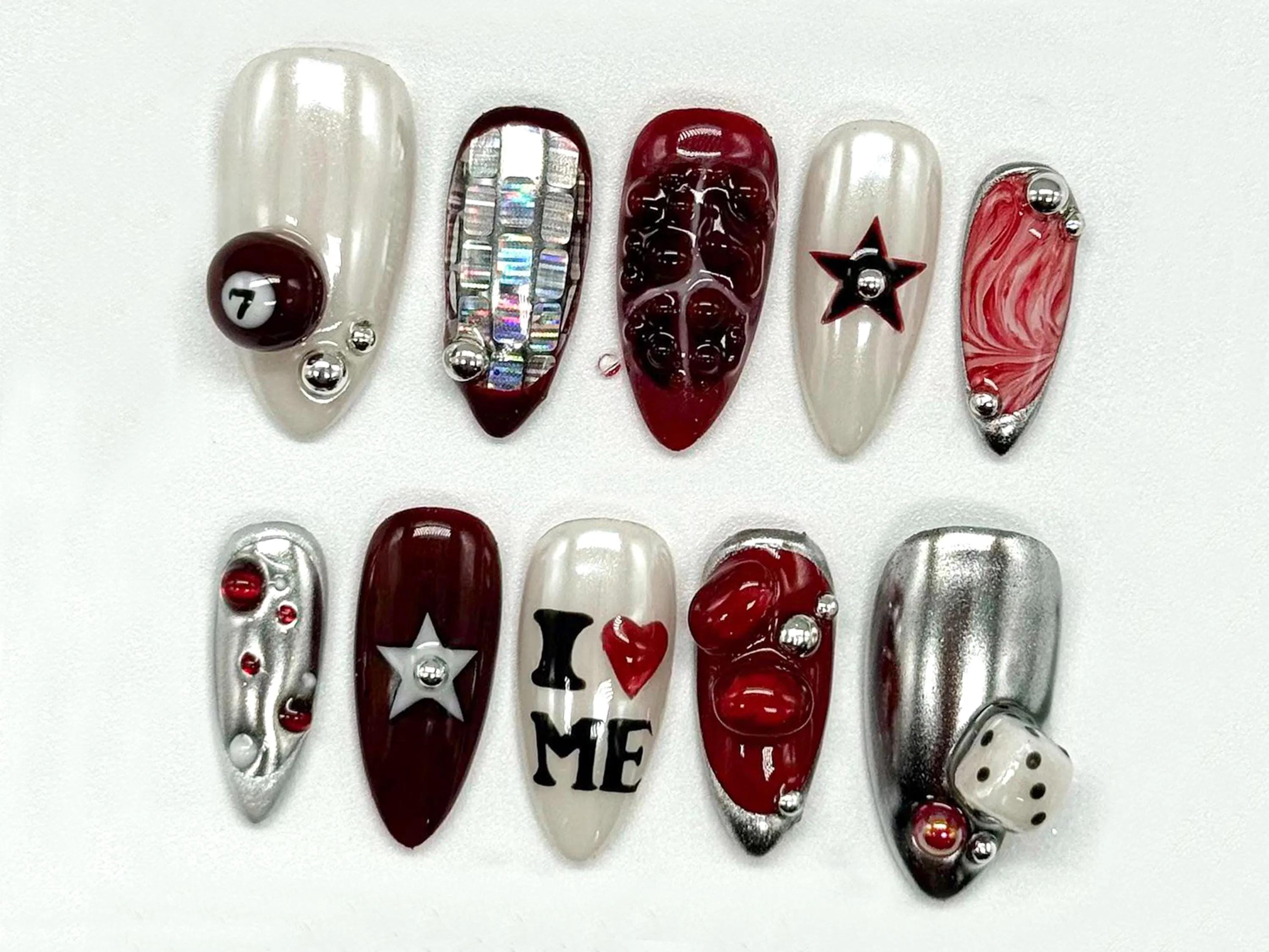Vegas Glam Custom Nail Art | Unique Casino Theme with Dice & Star Designs | Nails with 3D Embellishments | Handcrafted Nail Art | JB518HC