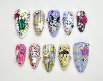 Unhas Postiças Pop com Desenhos Animados e Divertidos | Unhas com Personagens Engraçados | Design de Unhas Kawaii 3D Colorido | Unhas Divertidas com Técnicas Mistas | JB779HC