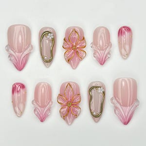 Blush Bloom Elegance Press On Nails | 3D Floral Accents Nail Art | Gold Details & Pink Ombre Press Ons | Luxury Nail| Wedding Nails |JC962HC