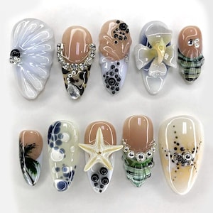 Ocean-Inspired Press On Nails Almond | 3D Beach Theme with Seashells and Starfish | Handmade Pearls Press On Nails for Summer Vibes | JB428A