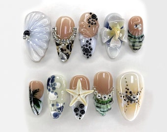 Ocean-Inspired Press On Nails Almond | 3D Beach Theme with Seashells and Starfish | Handmade Pearls Press On Nails for Summer Vibes | JB428A