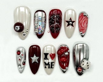 Vegas Glam Press On Nails | Unique Casino Theme with Dice & Star Designs | Nails with 3D Embellishments | Handcrafted Nail Art | JB518HC