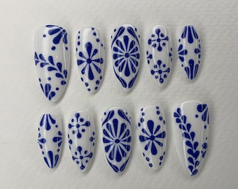 Porcelain Blue Tiles Ceramic Press On Nails | Elegant Fake Nails | Talavera Oval Acrylic Nail Art | Luxury Nails Mothers Day Gift | JC455A