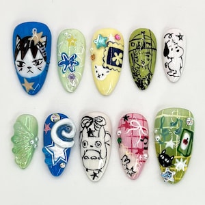 Fantasy Cartoon Long Almond Nails | Unique Cartoon Nail Art | Hand-Decorated with Cute Characters | Trendy Cartoon and Anime Designs|JB514HC