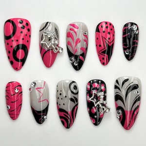 Y2K Hot Pink Press On Nails | Retro Pop Art Nail Set | Black & Pink Graphic Nails with Star Charms | Y2K Vibes Acrylic Press Ons | JC795HK