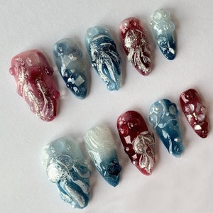 Ocean Floor Jellyfish: 3D Gel Press On Nails for a Deep Look | Sparkling Pink and Blue | 3D Nail Art with Standout Designs | JB133S