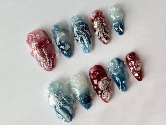 Ocean Floor Jellyfish: 3D Gel Press On Nails for a Deep Look | Sparkling Pink and Blue | 3D Nail Art with Standout Designs | JB133S