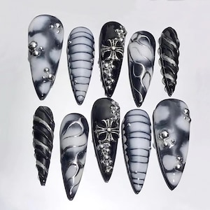 Black & White Y2k Press On Nails | Y2K 3D Raised Gel Nails | Ombre Art Motif in Fake Nails | Unique Nail Art | Goth, Gthic, Y2K | JC68S