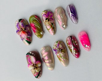 Free Style 3D Flowers Press On Nails | Butterfly Wing Patterns Nails | Elegance Fake Nails for Holiday, Party, Event | J122